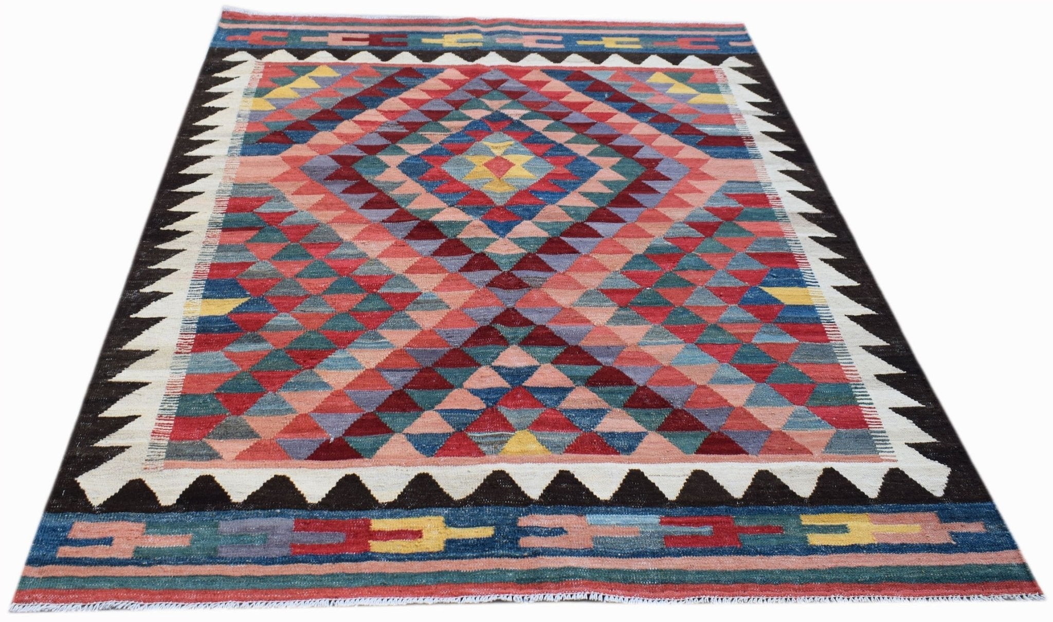Handwoven Afghan Maimana Kilim rug featuring a colorful geometric diamond pattern.