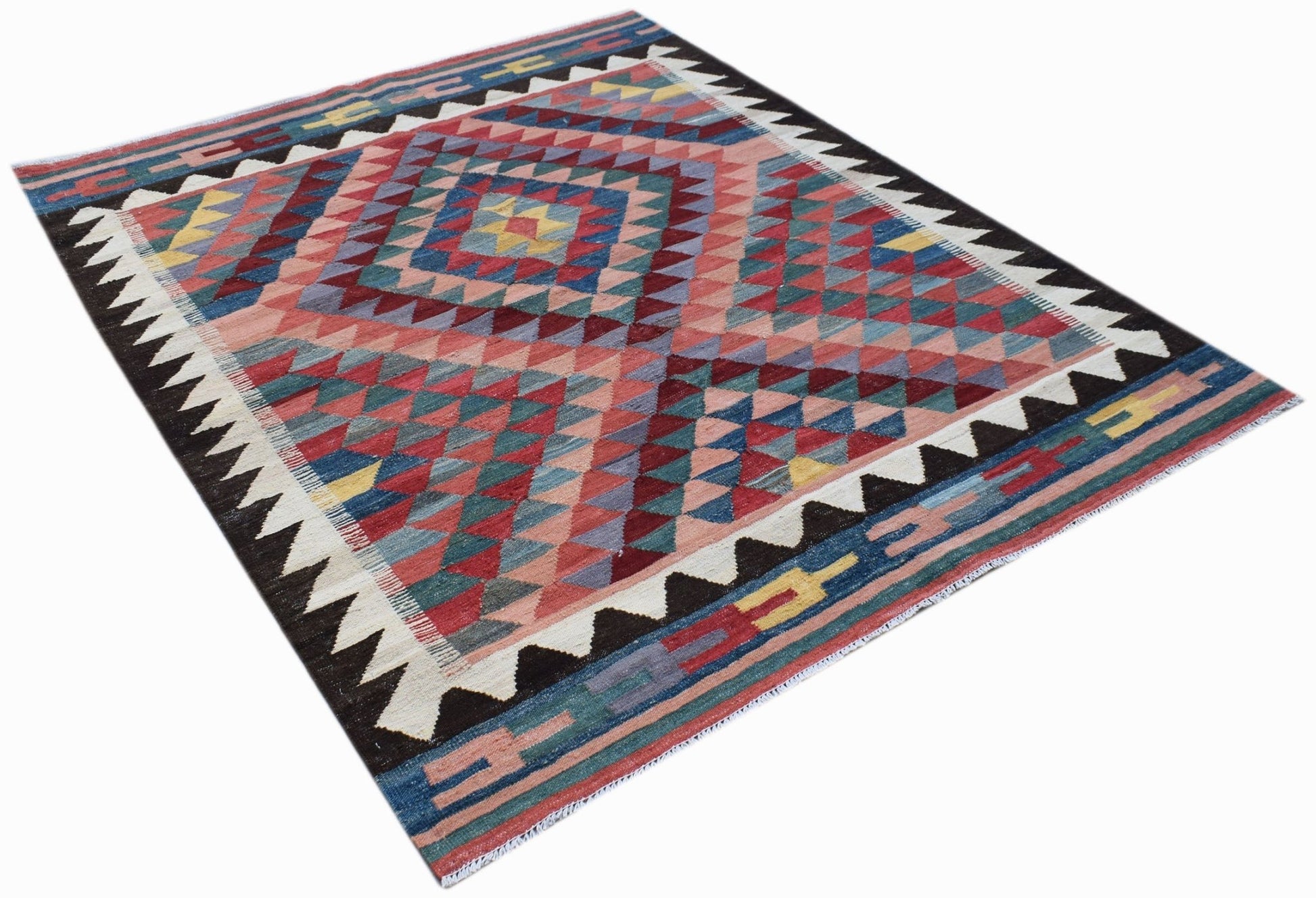 Handwoven Afghan Maimana kilim rug featuring a geometric diamond pattern in multicolored wool.