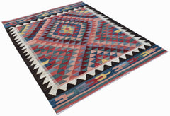 Handwoven Afghan Maimana kilim rug featuring a geometric diamond pattern in multicolored wool.