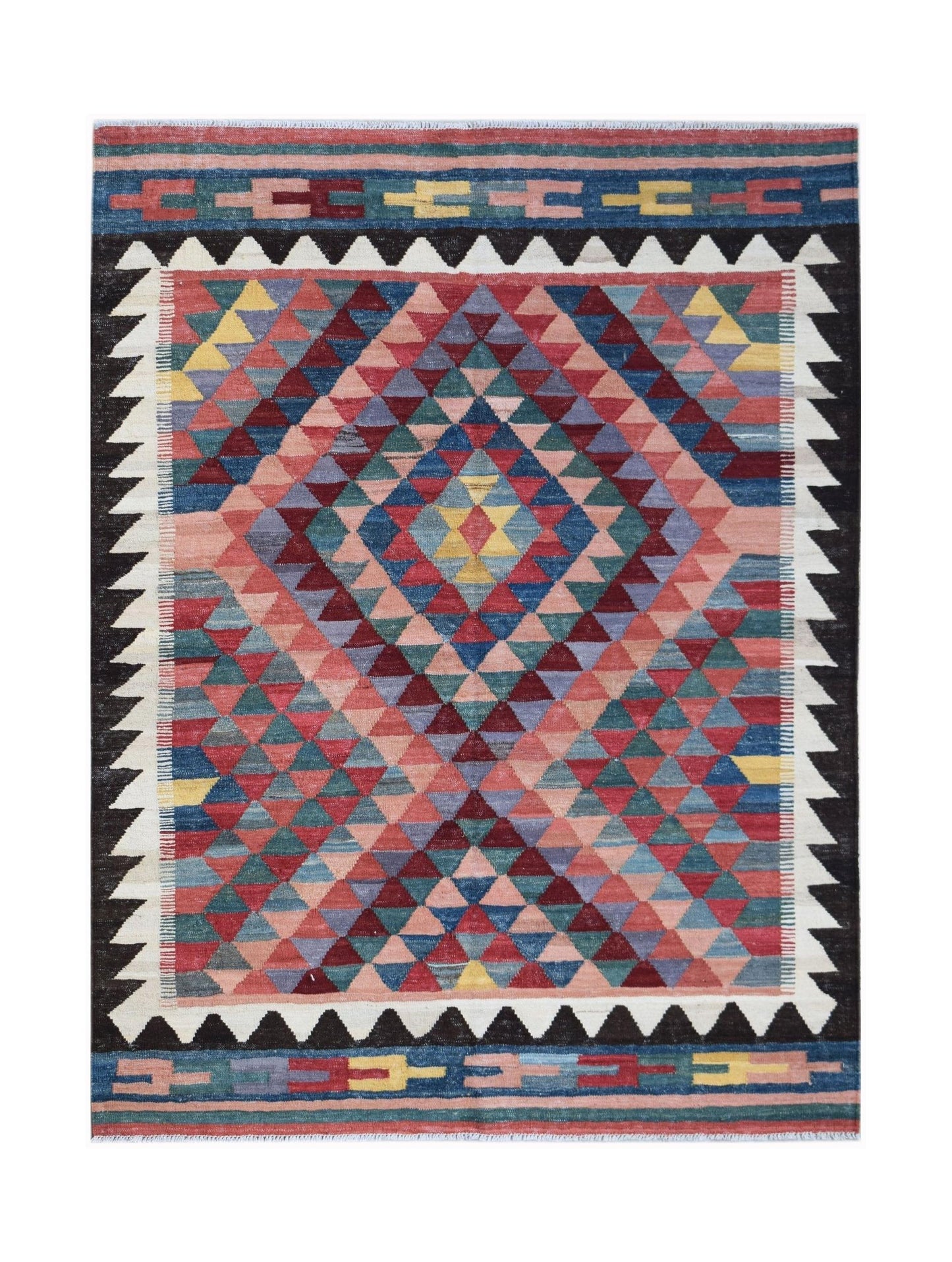 Handwoven Afghan Maimana kilim rug featuring a colorful geometric diamond pattern.