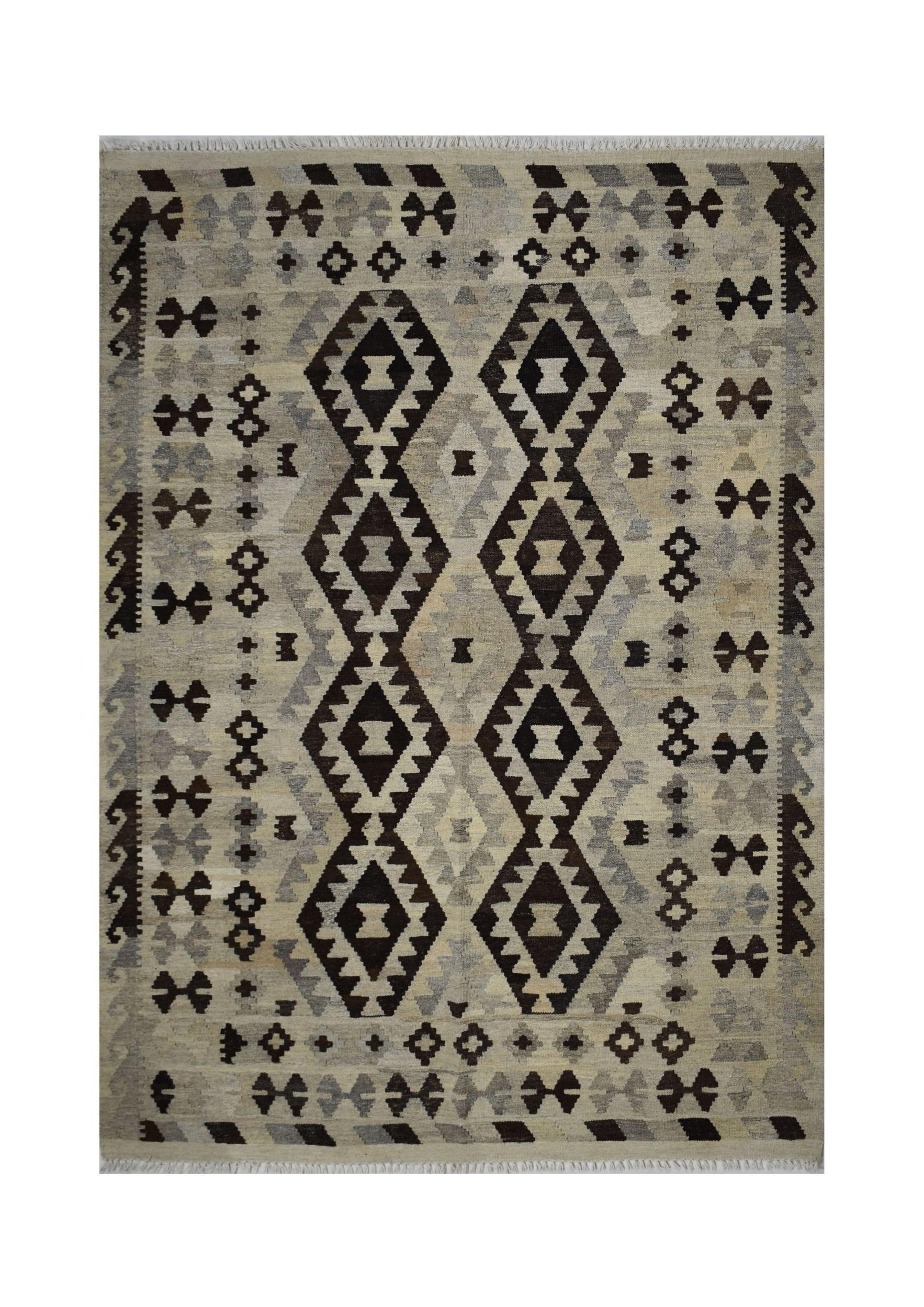 Handmade Afghan Maimana kilim rug featuring a geometric pattern in shades of brown and beige.
