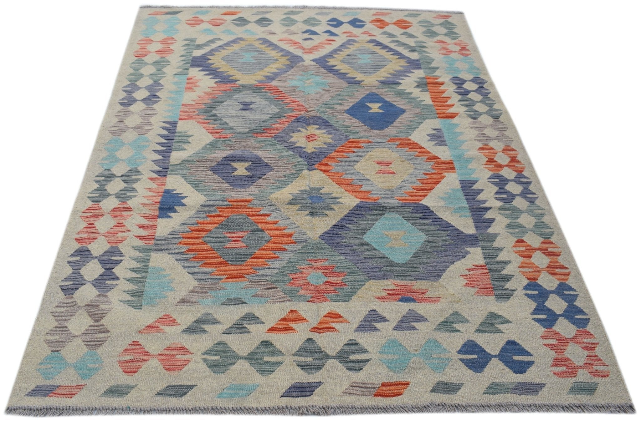 Handmade Afghan Maimana kilim rug featuring a geometric diamond pattern in vibrant wool colors.