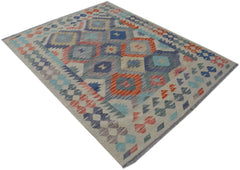 Handwoven Afghan Maimana kilim rug featuring a geometric pattern in blue, orange, and cream tones.