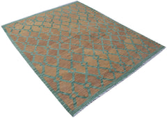 Handwoven Afghan Maimana kilim rug featuring a geometric diamond pattern in tan and green wool.