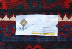 A handwoven Afghan Maimana kilim featuring a geometric pattern in red, blue, and cream tones.