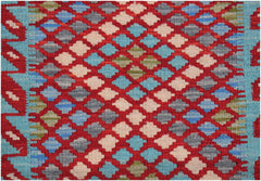 Handwoven Afghan Maimana kilim featuring a repeating geometric diamond pattern in red and blue.
