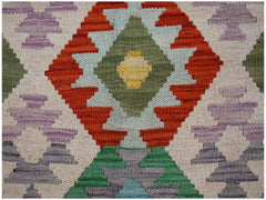 Afghan Maimana Kilim with geometric diamond patterns in red, green, yellow, and purple.