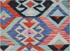 Handwoven Afghan Maimana kilim featuring a vibrant geometric pattern in wool.