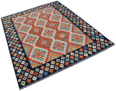 Handwoven Afghan Maimana kilim rug featuring a geometric diamond pattern in blue and orange.