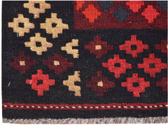 Handwoven Afghan Maimana kilim featuring geometric patterns in red, black, and beige wool.