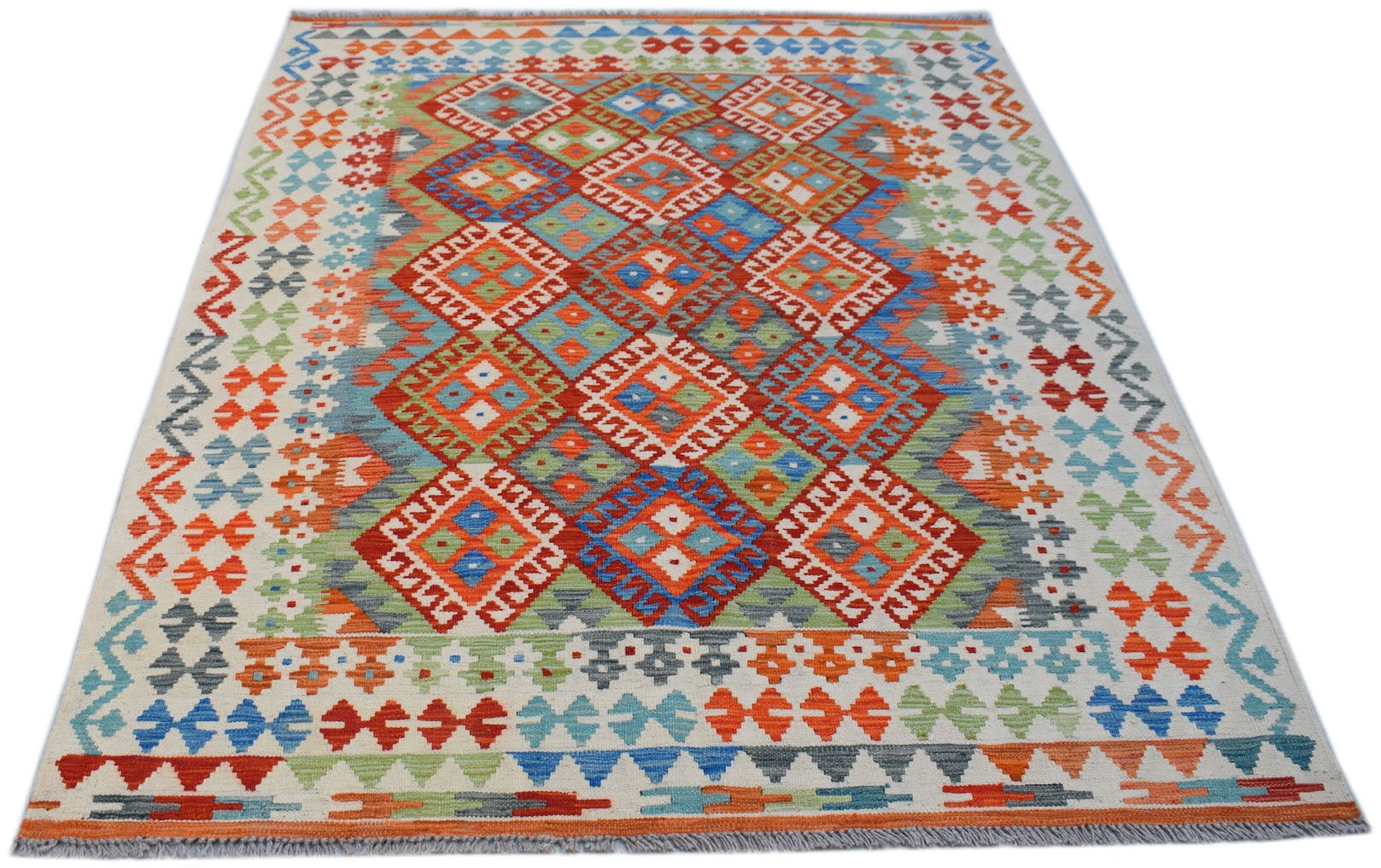 Handmade Afghan Maimana kilim rug featuring a colorful geometric diamond pattern on a cream base.
