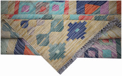 A handmade Afghan Maimana kilim rug featuring colorful geometric patterns and a flatweave texture.
