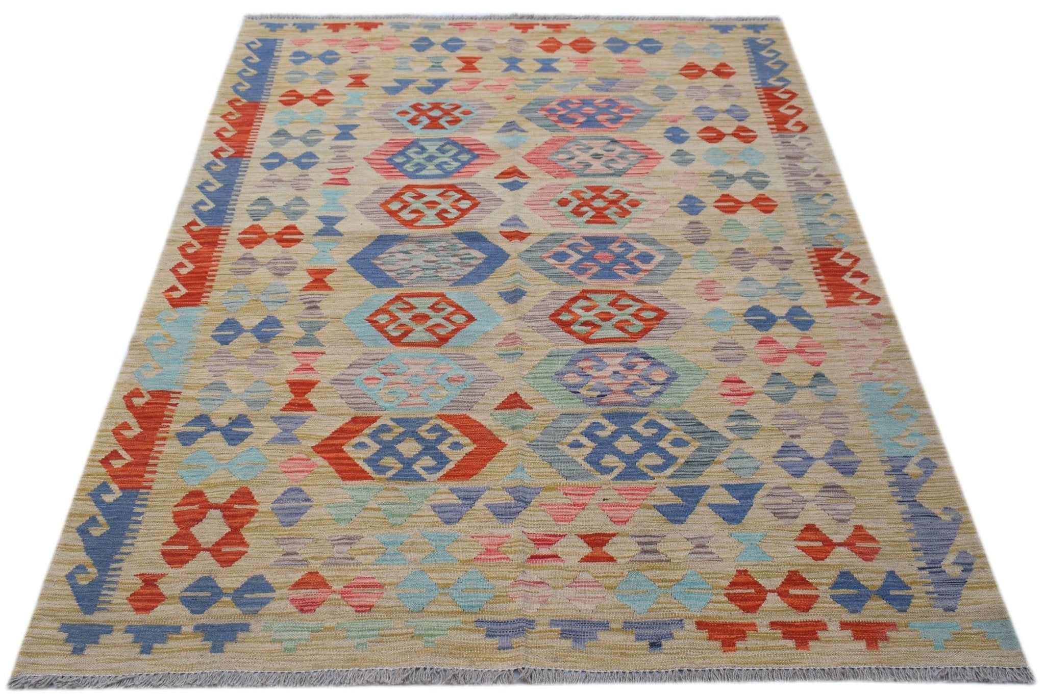 Handwoven Afghan Maimana kilim rug featuring a geometric pattern in red, blue, and neutral tones.
