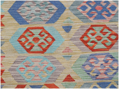 Handwoven Afghan Maimana kilim featuring a geometric pattern in vibrant multicolored wool.