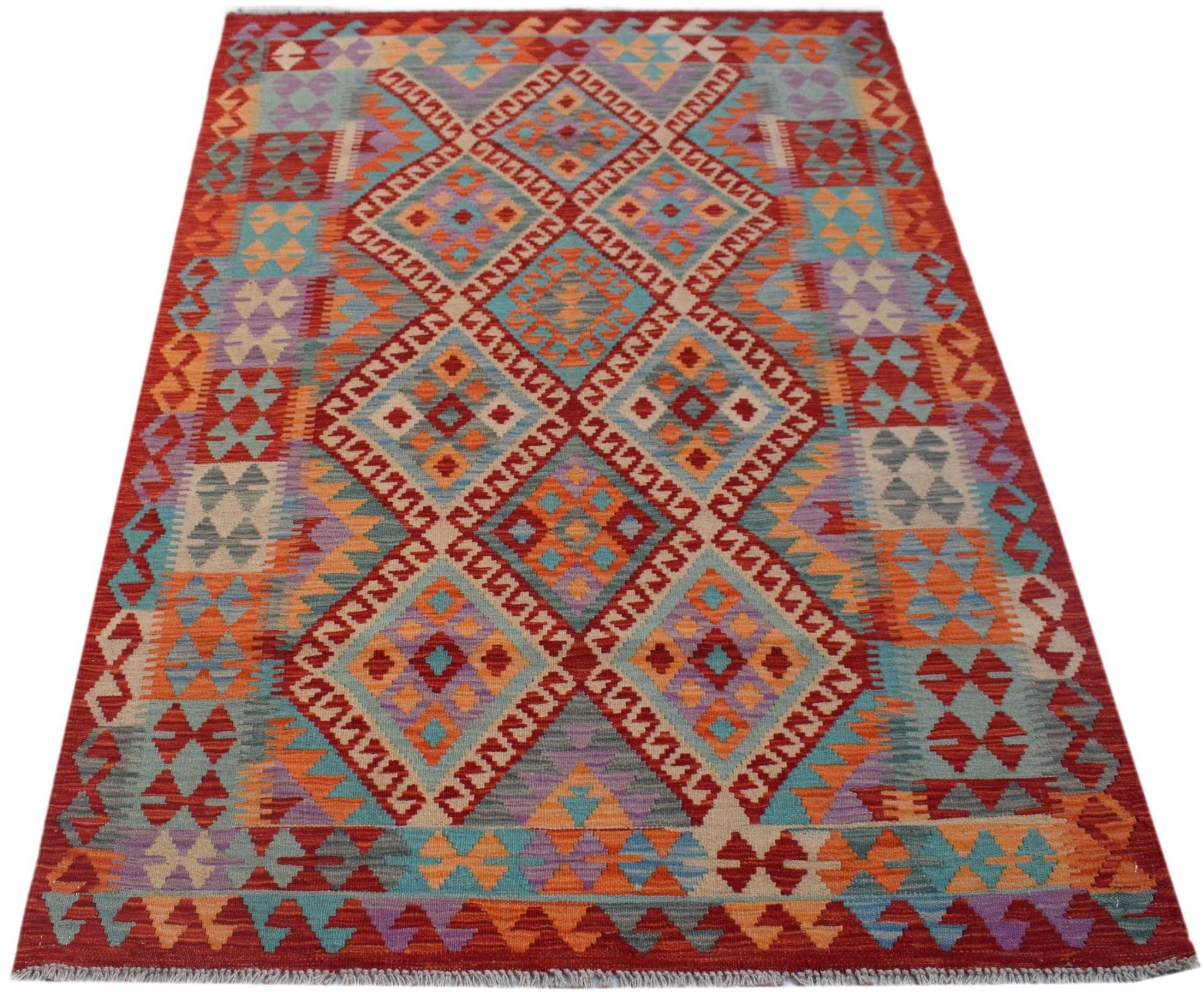 Handwoven Afghan Maimana kilim rug featuring a vibrant geometric diamond pattern in wool.