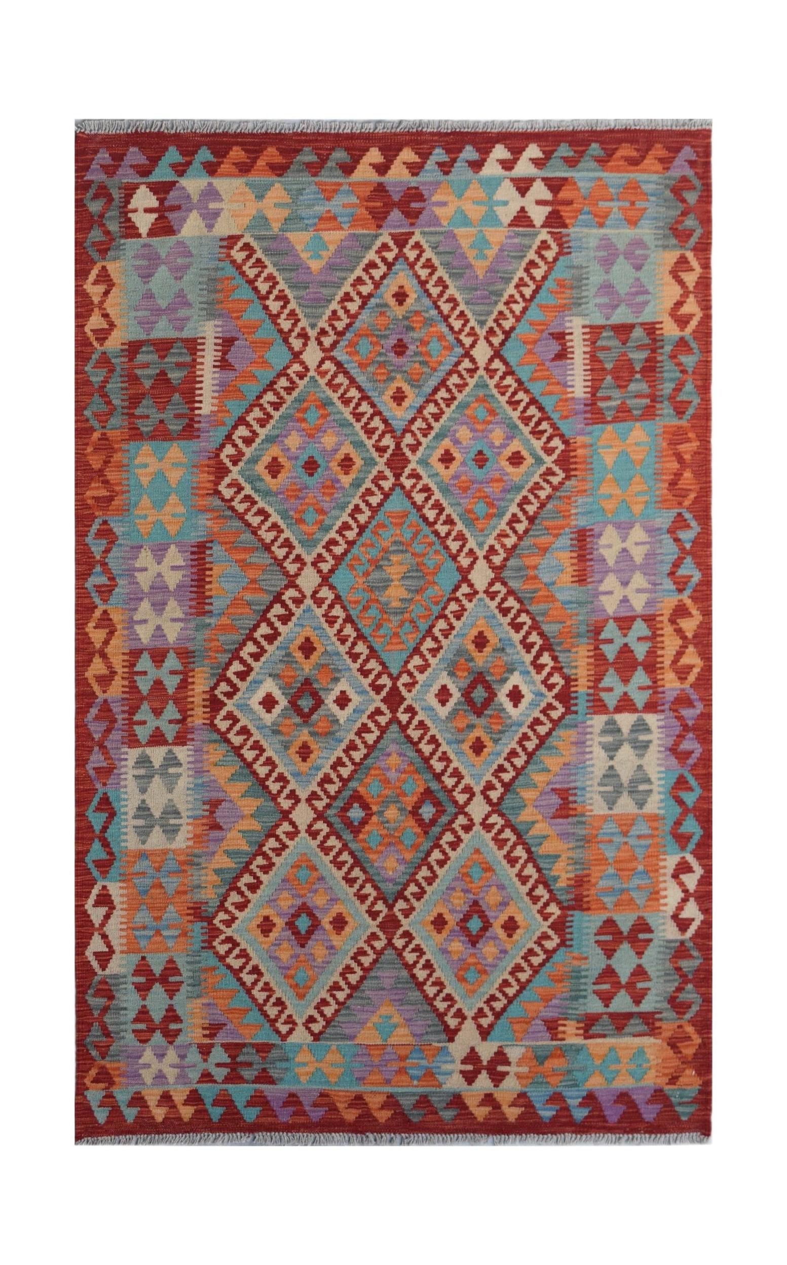 Handwoven Afghan Maimana kilim rug featuring a vibrant geometric diamond pattern in wool.