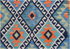 Handwoven Afghan Maimana kilim featuring a geometric diamond pattern in blue, orange, and cream.