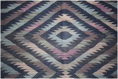 Handwoven Afghan Maimana kilim featuring a geometric diamond pattern in muted earth tones.