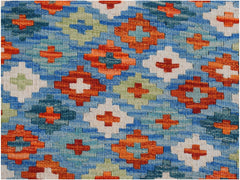 Handwoven Afghan Maimana kilim featuring a geometric pattern of orange, blue, and cream diamonds.