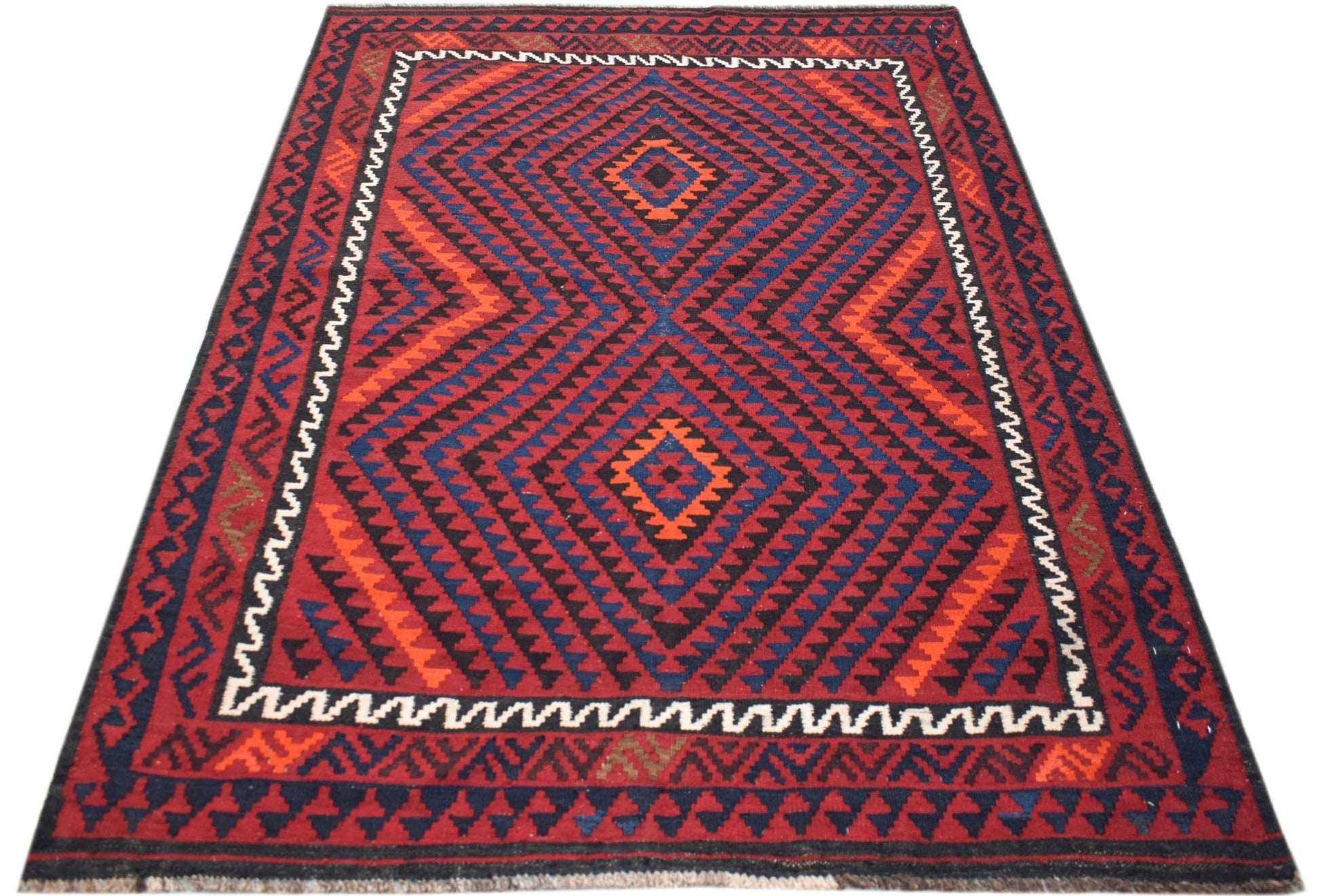 Handwoven Afghan Maimana kilim rug featuring a geometric diamond pattern in red, blue, and orange.