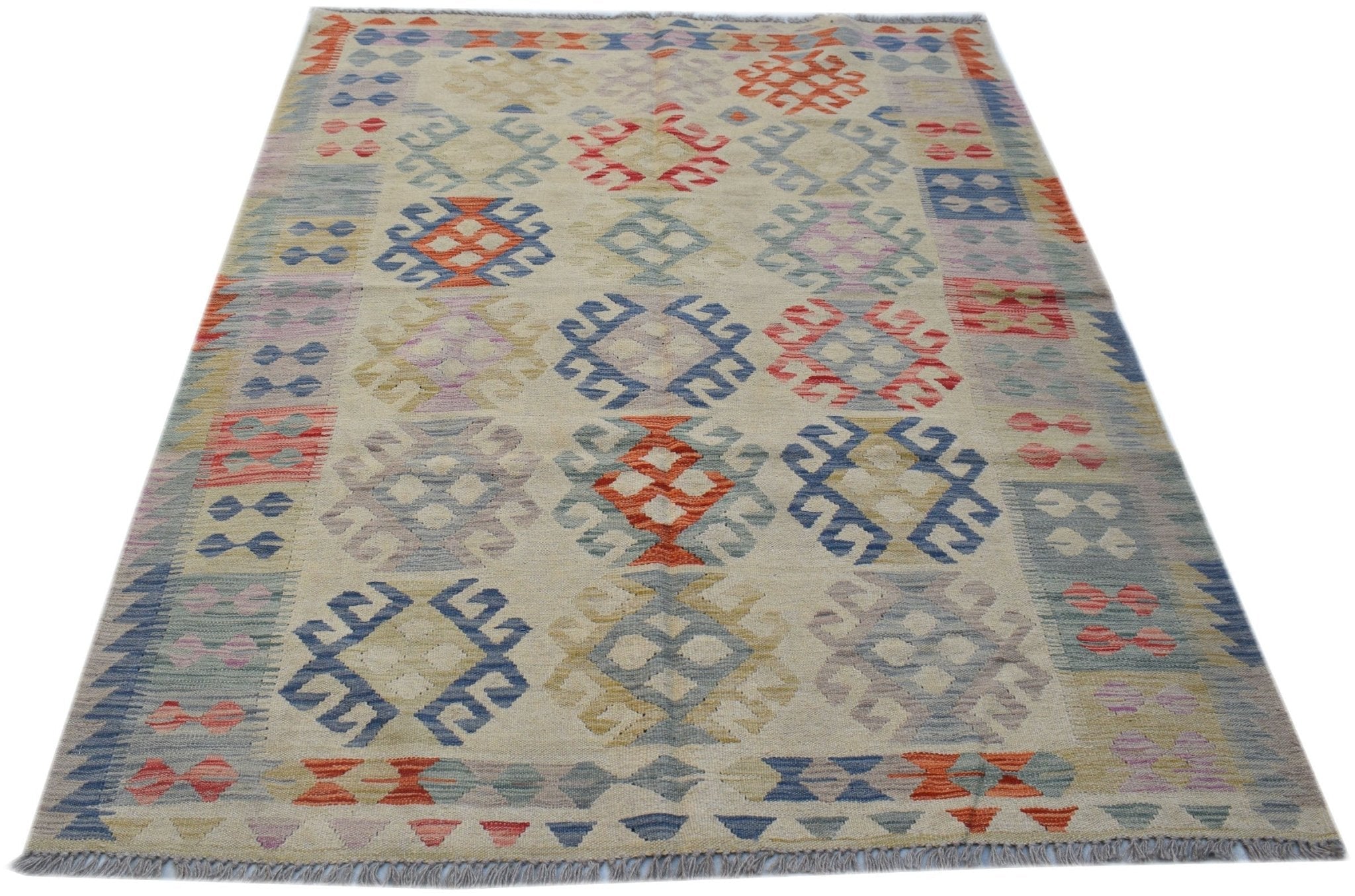 Handwoven Afghan Maimana kilim rug featuring a geometric pattern in multi-colored wool.
