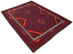 Handwoven Afghan Maimana kilim rug featuring a geometric diamond pattern in red, blue, and orange.