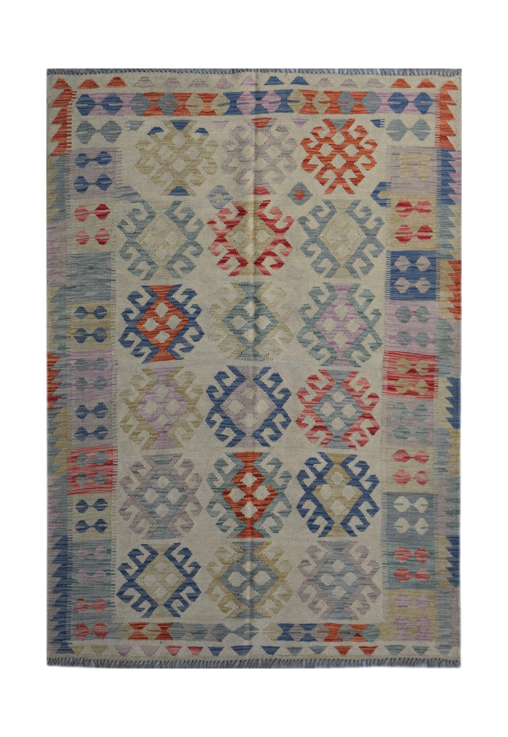 Handwoven Afghan Maimana kilim rug featuring a geometric pattern in multicolored wool.