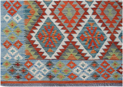 Handwoven Afghan Maimana kilim rug featuring a geometric pattern in blue, orange, and green.