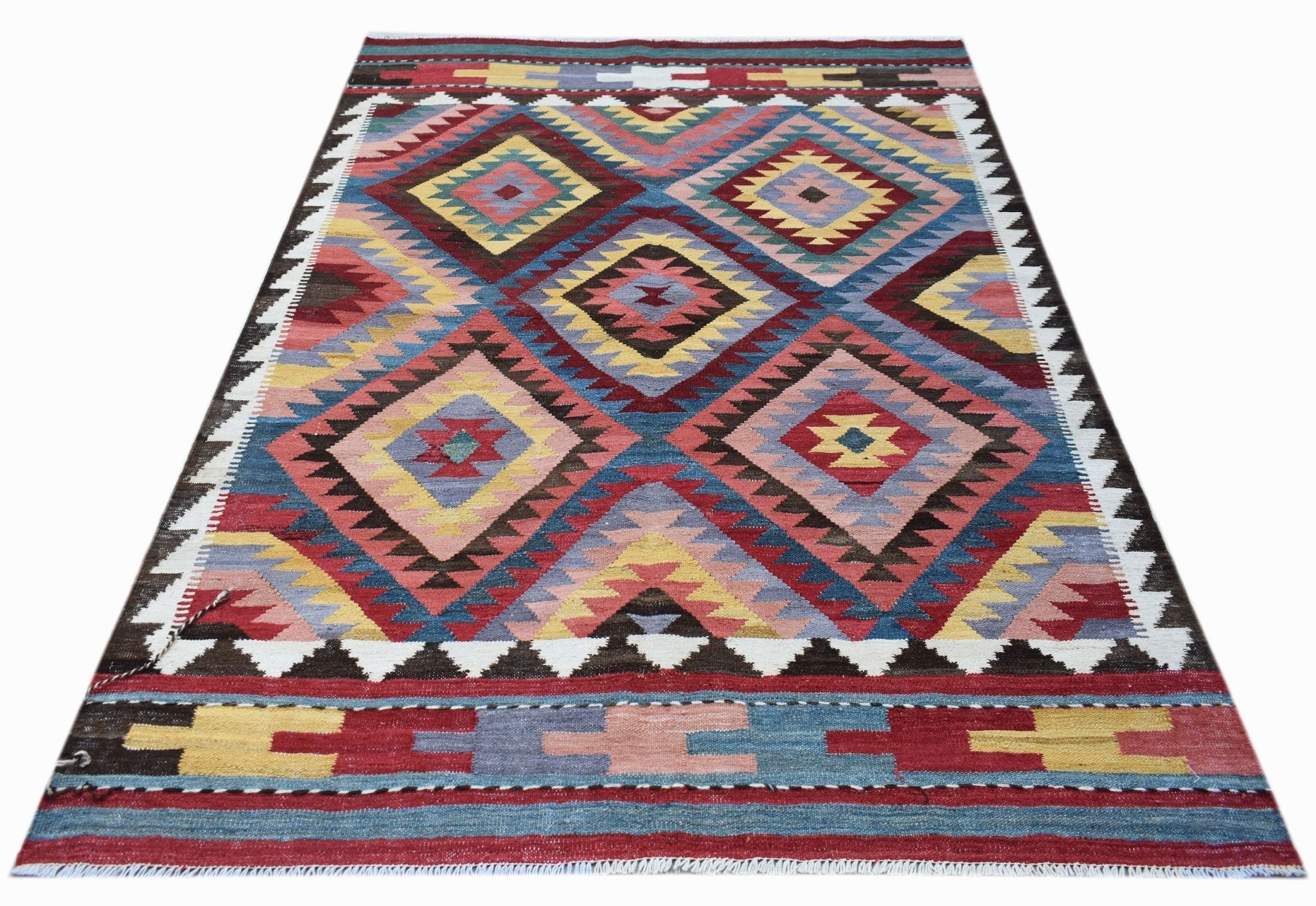 Handwoven Afghan Maimana kilim rug featuring a colorful geometric diamond pattern in wool.