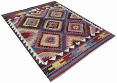 Handwoven Afghan Maimana kilim rug featuring a colorful geometric diamond pattern.