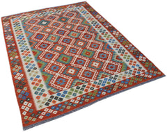 Handwoven Afghan Maimana kilim rug featuring a geometric diamond pattern in red, blue, and green.