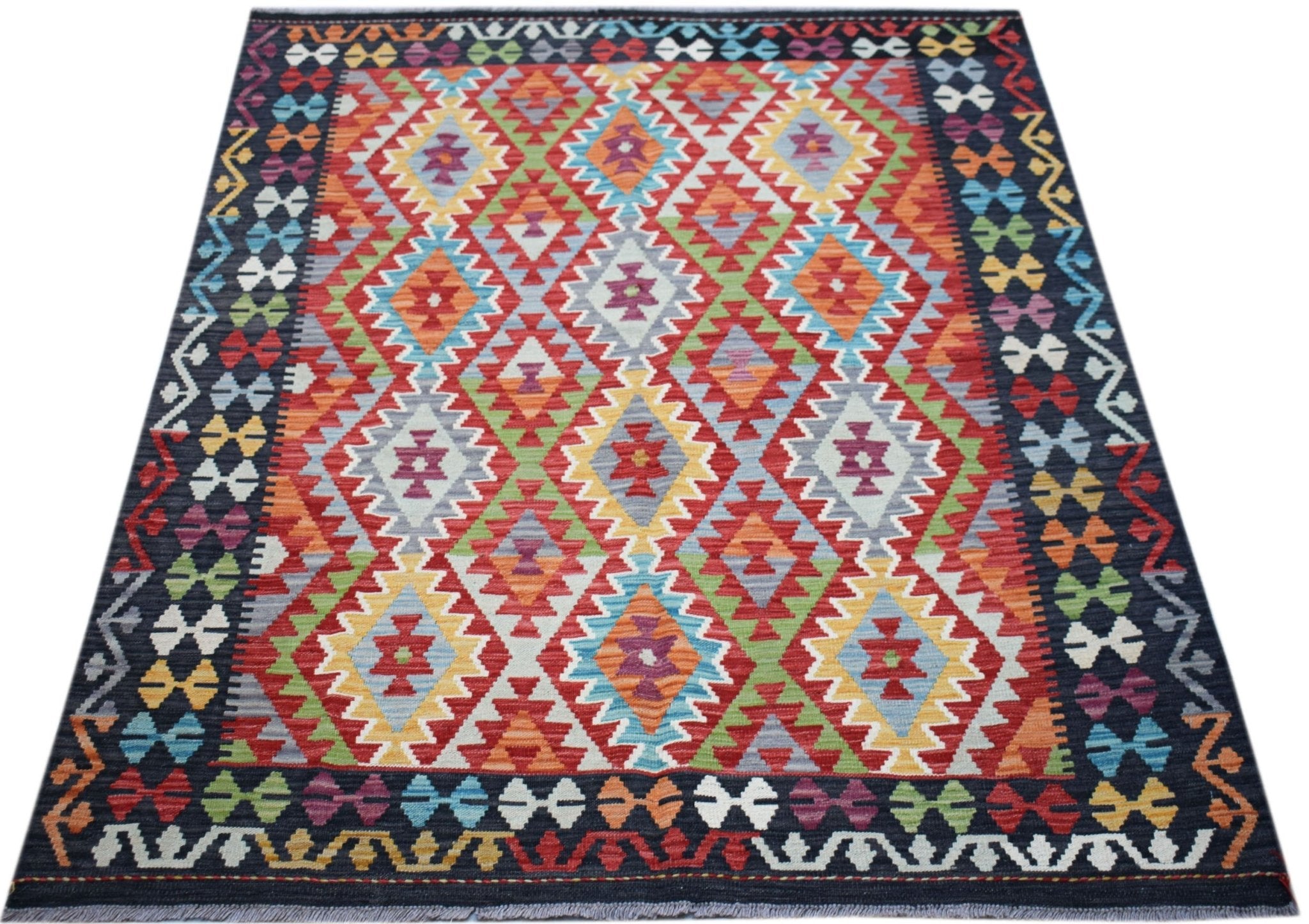 Handwoven Afghan Maimana Kilim rug featuring a colorful geometric diamond pattern on a dark border.