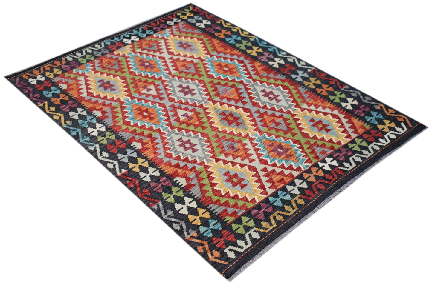 Handwoven Afghan Maimana kilim rug featuring a colorful geometric diamond pattern on a dark border.