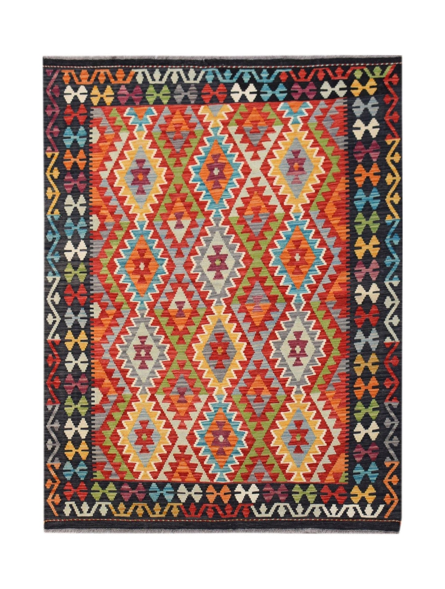 Handwoven Afghan Maimana kilim rug featuring a colorful geometric diamond pattern on a dark border.