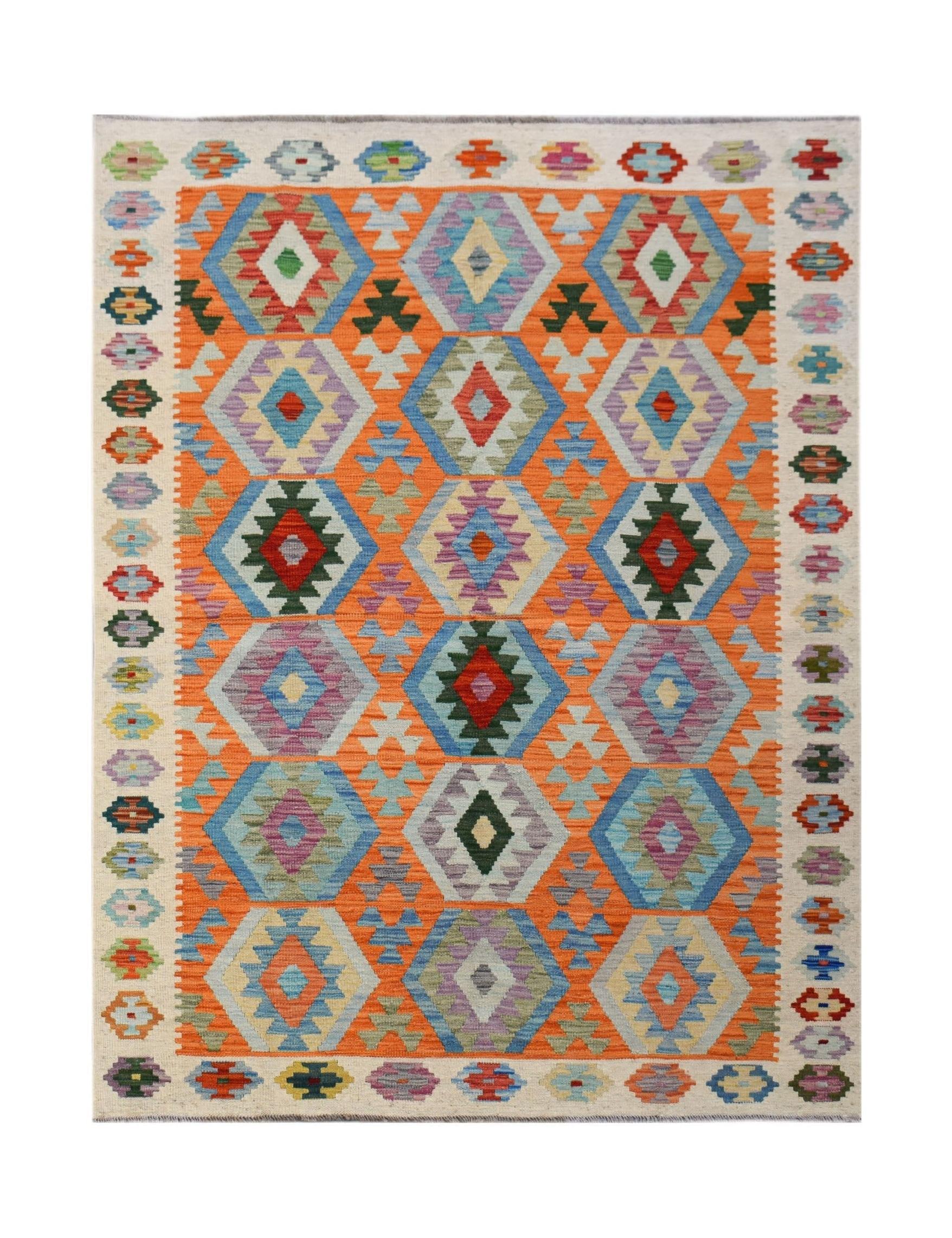 Handwoven Afghan Maimana kilim rug featuring a vibrant orange background with geometric patterns.