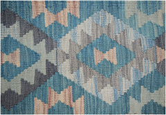Handwoven Afghan Maimana kilim rug featuring a geometric diamond pattern in blue and beige tones.