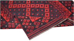Handwoven Afghan Maimana kilim featuring a geometric red and black pattern with a flat weave.