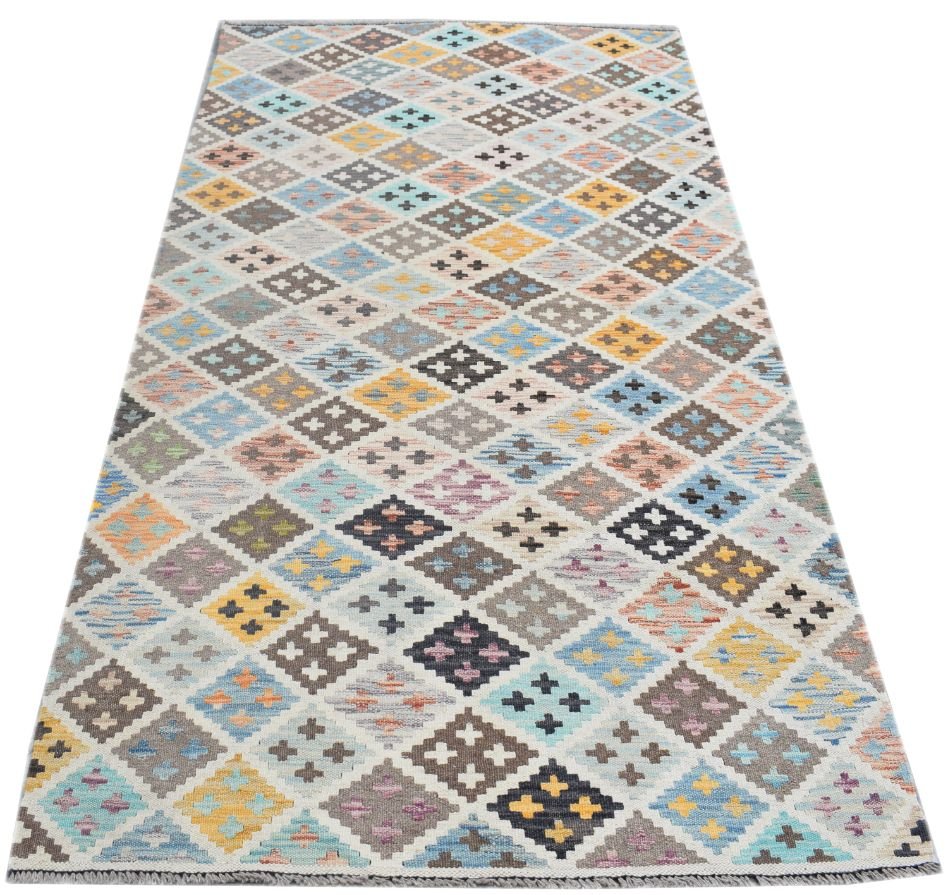 Handmade Afghan Maimana kilim rug featuring a colorful geometric diamond pattern.