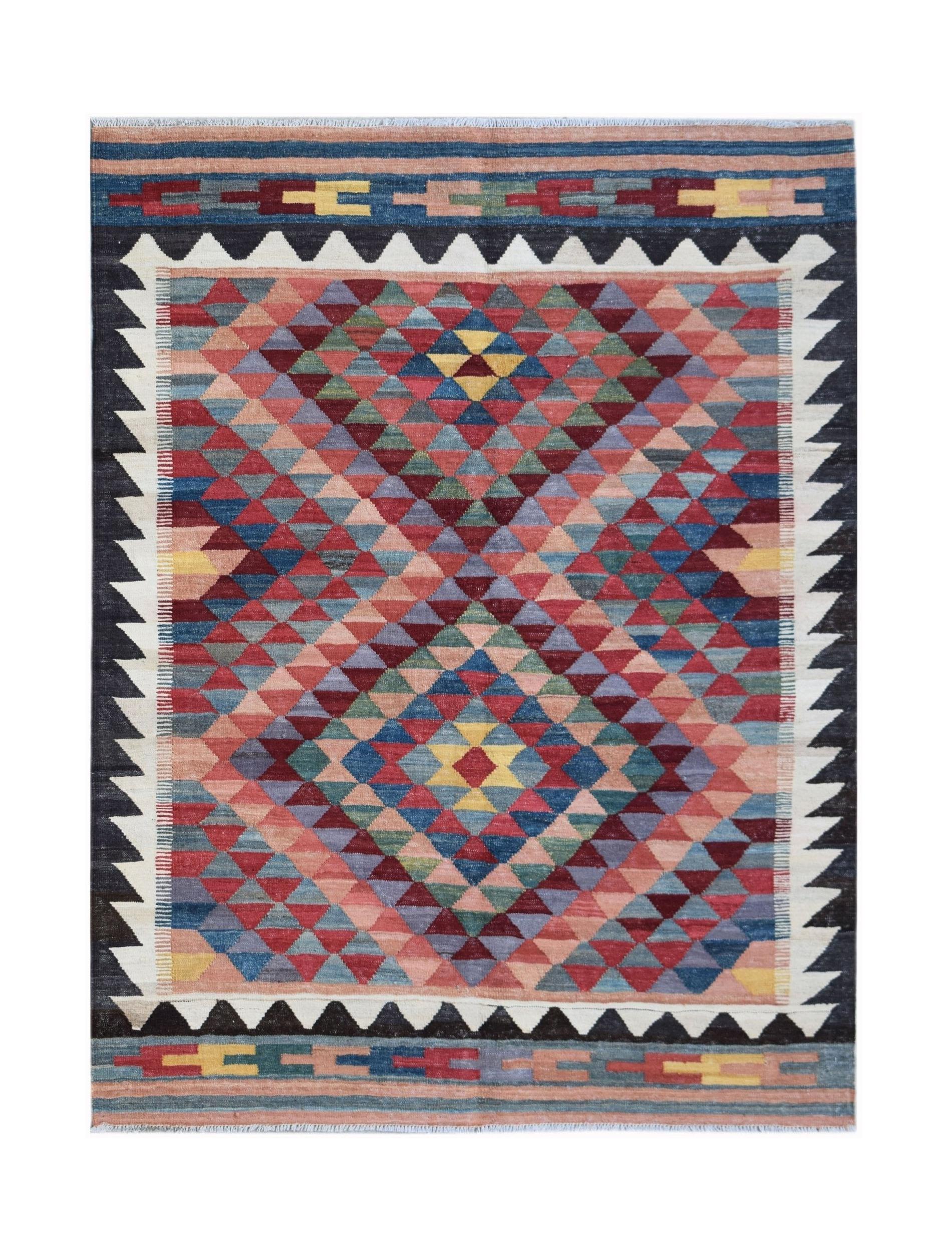 Handwoven Afghan Maimana kilim featuring a geometric diamond pattern in vibrant multicolored wool.