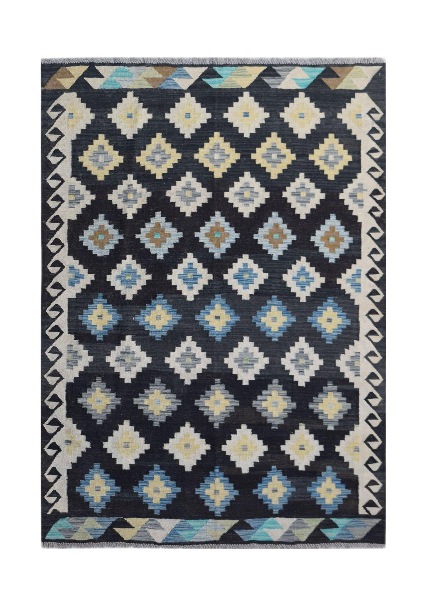 Handwoven Afghan Maimana kilim featuring a geometric diamond pattern in blue, yellow, and brown.