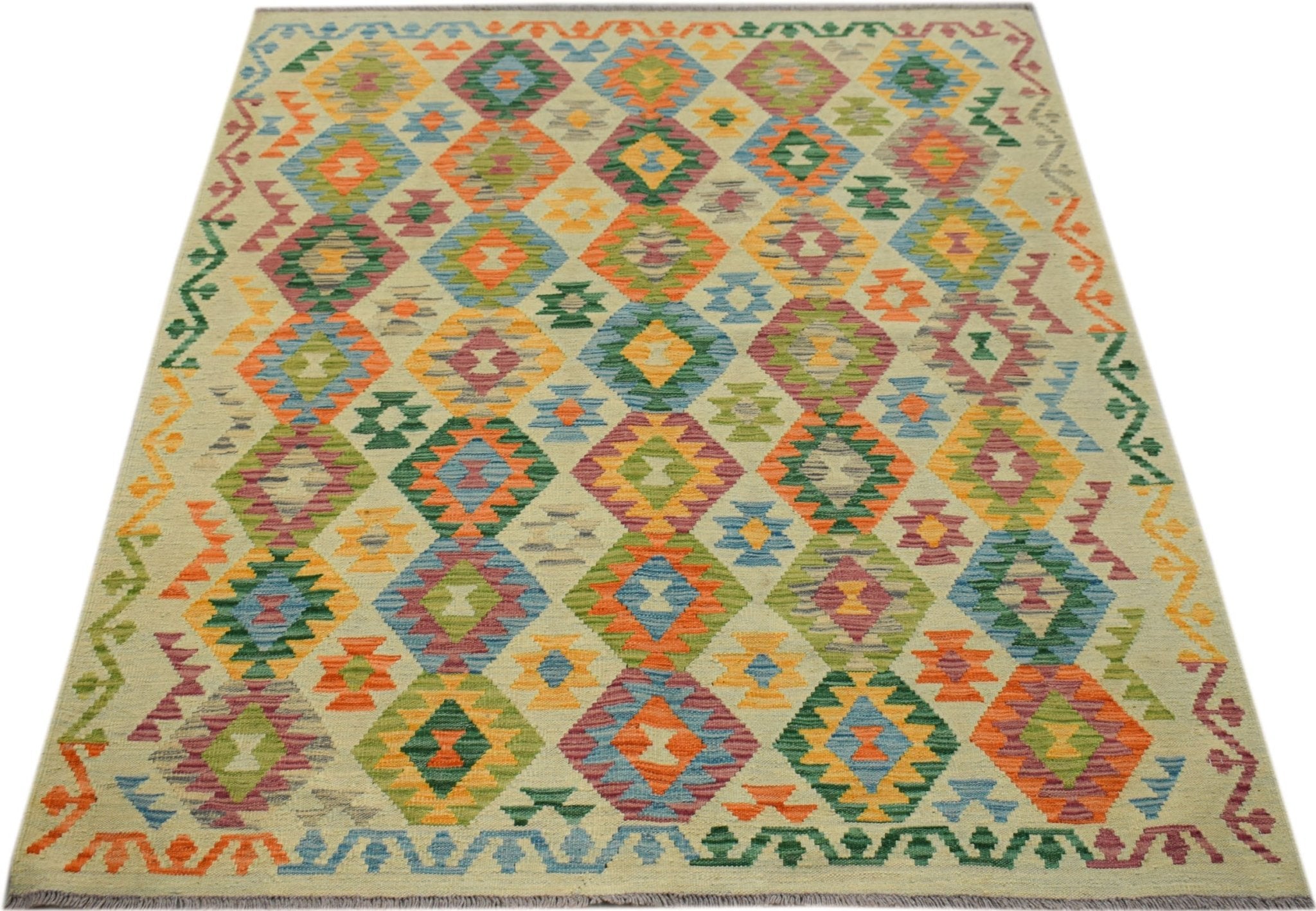 Handmade Afghan Maimana kilim rug featuring a colorful geometric diamond pattern on a light base.