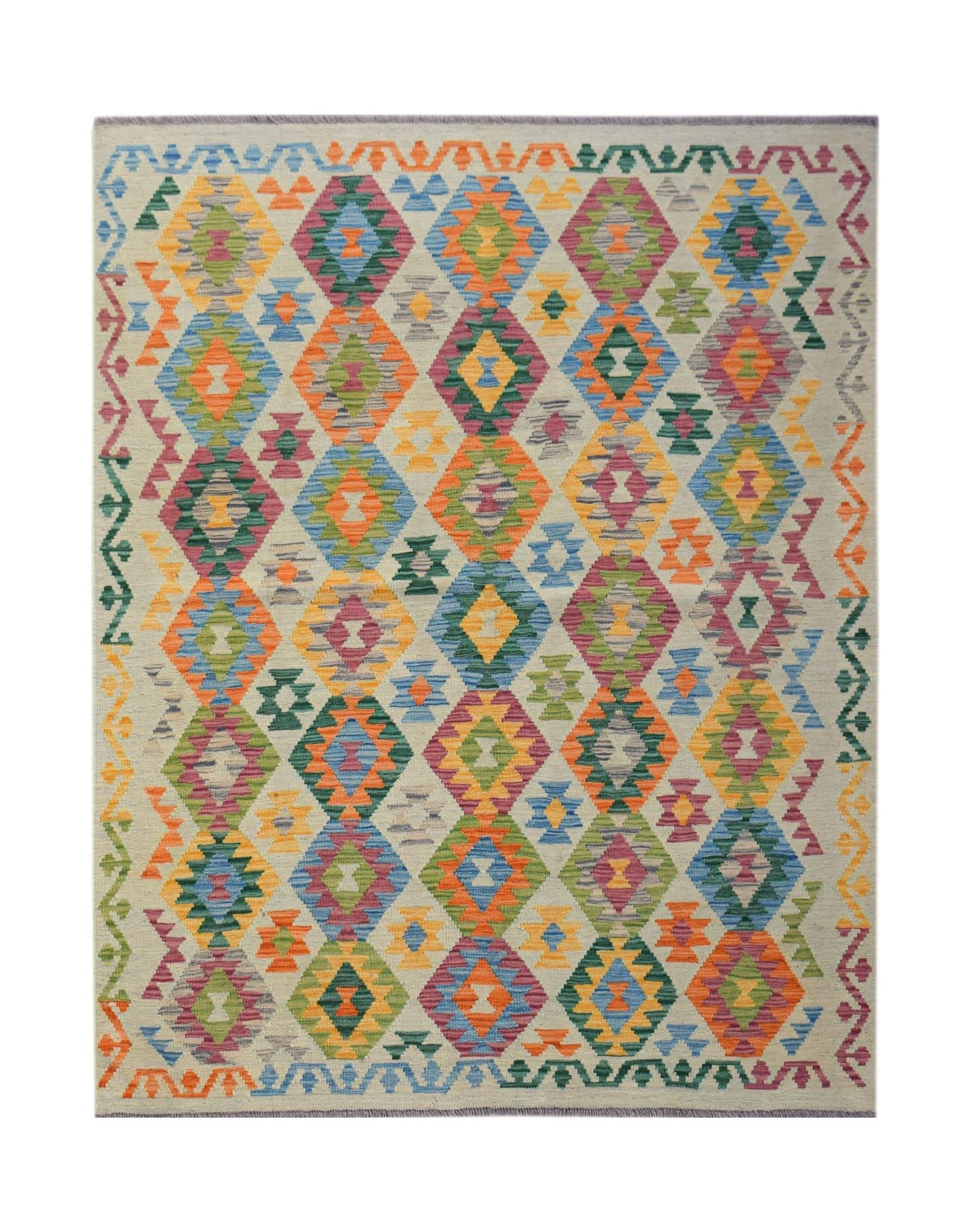 Handwoven Afghan Maimana kilim rug featuring a colorful geometric diamond pattern on a light base.