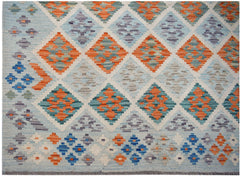 Handwoven Afghan Maimana kilim featuring a geometric diamond pattern in orange, blue, and grey.