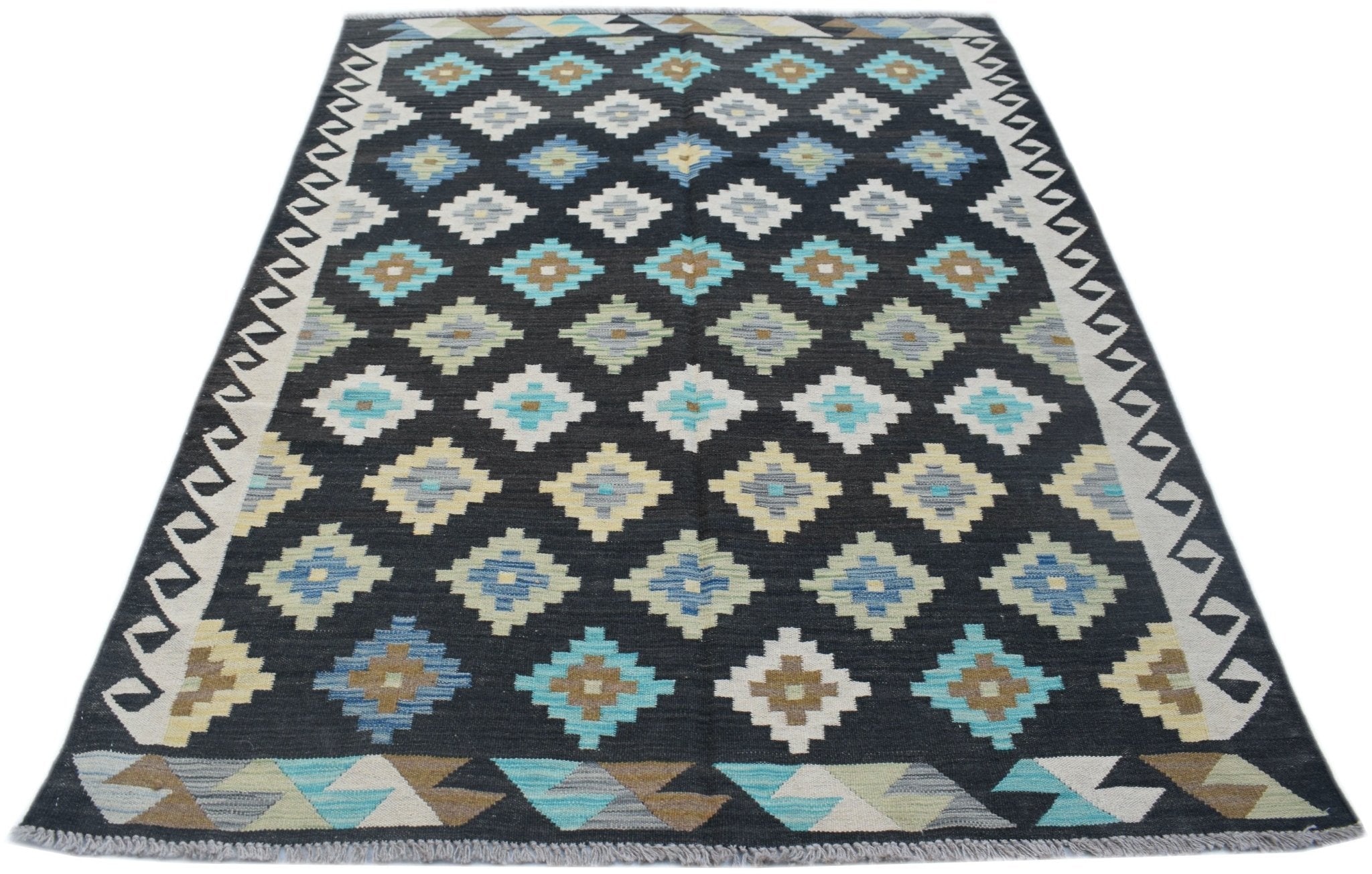 Handwoven Afghan Maimana kilim rug featuring a dark background with colorful geometric patterns.