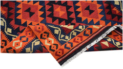 Handwoven Afghan Maimana kilim featuring geometric patterns in red, blue, and cream wool.