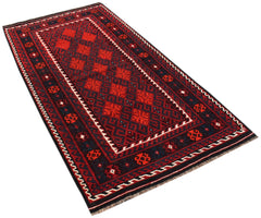 Handwoven Afghan Maimana kilim rug featuring a geometric pattern in deep red and dark blue tones.
