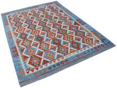 Handwoven Afghan Maimana kilim rug featuring a geometric diamond pattern in blue, orange, and white.