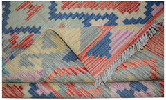 Afghan Maimana Kilim with geometric patterns in red, blue, yellow, and green.