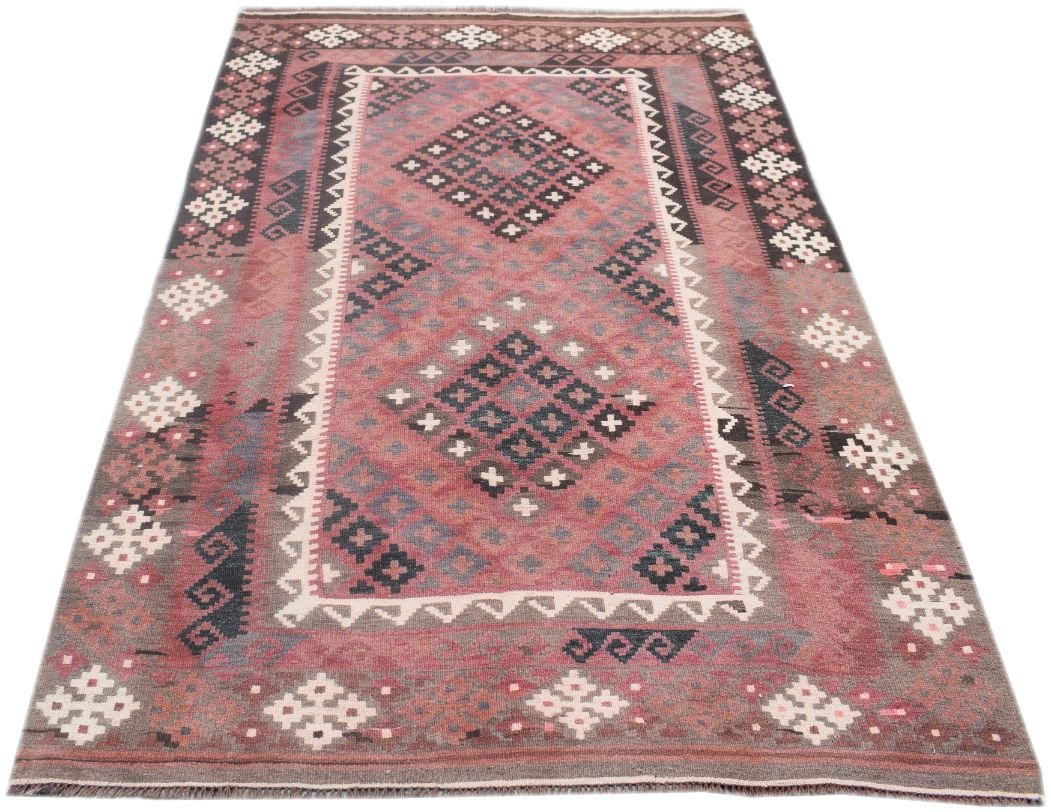 Handmade Afghan Maimana kilim rug featuring a geometric pattern in shades of red and dark grey.