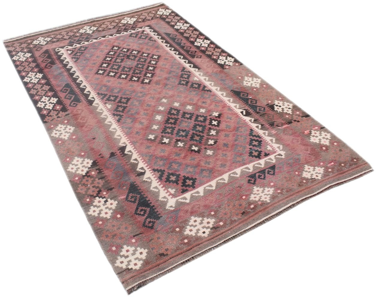 Handmade Afghan Maimana kilim rug featuring a geometric pattern in shades of red and grey.